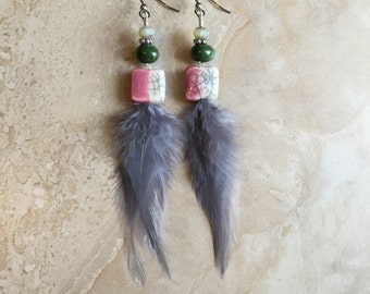 50% OFF Feather Earrings - Colorful Feather Earrings - Silver Grey Beaded Feather Earrings (Ready to Ship)