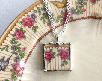 Broken china jewelry pendant necklace antique pink roses made from recycled china