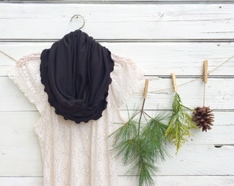 Black Scarf, Black Infinity Scarf, Ruffled Scarf, Circle Scarf, Winter Scarf, Cowl, Women Scarves, Jersey Scarf, Gift Idea for Her
