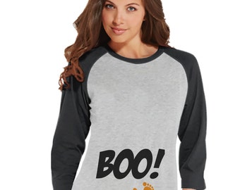 Halloween Pregnancy Announcement - Boo! Pregnancy Reveal Tshirt - Halloween Pregnancy Shirt - Grey Raglan Shirt - Pregnancy Reveal Idea