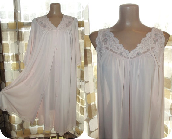 Vintage 60s Peignoir 1960s Nightgown And Robe Set Pink Nylon