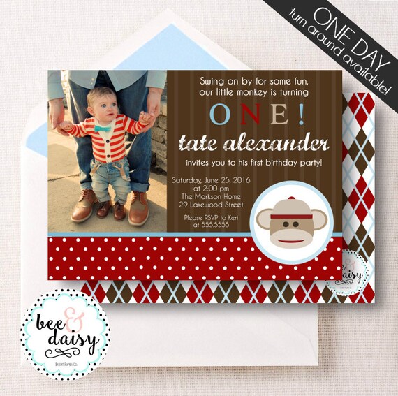 Sock Monkey Invitation, Sock Monkey Birthday Invitation, Sock Monkey Party, Boy First Birthday, Boy Birthday, Sock Monkey Invite Il_570xn