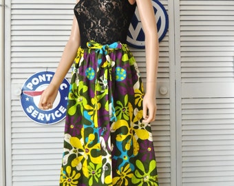 Vintage Mod Floral Maxi Skirt/60s 70s Womens Elastic Waist Button Front/Linen Barkcloth/Yellow Green Purple Hawaiian/Medium Mod Costume