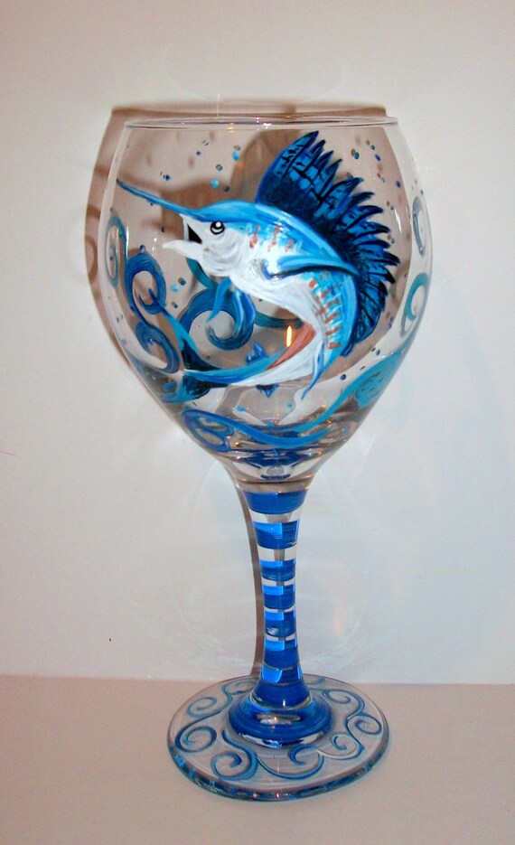 Sailfish Hand Painted Wine Glasses Fish One 20 oz. Glass