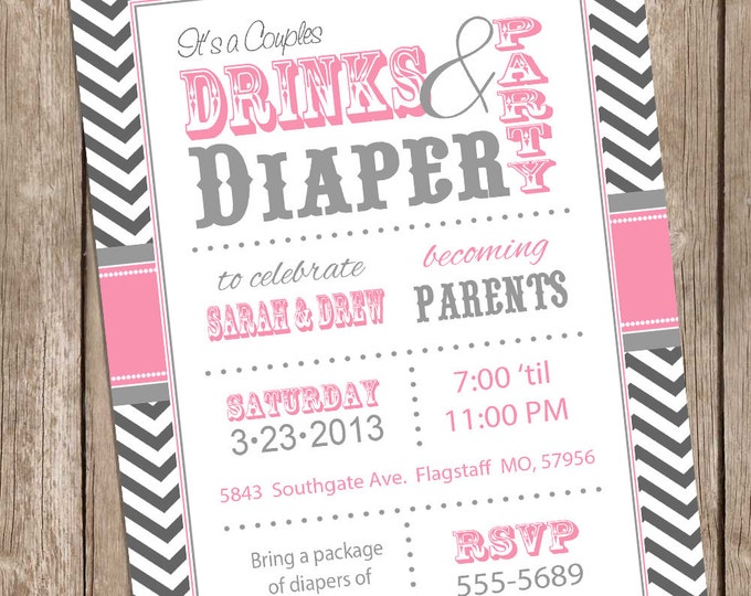 Couples baby shower invitation, Drinks and Diaper Pink co-ed baby shower invitation, couples girl baby shower invitation, printable invite