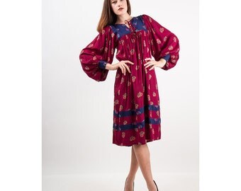 Vintage Peasant dress / Sharamel rayon hippie dress with balloon sleeves/ The sunflower dress S M