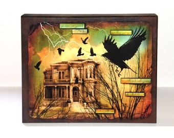 assemblage art, mixed media, crow, wood panel, photograph, clouds, home, house, wall hanging, original, assemblage, rustic, 14x11