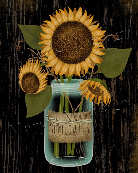 Sunflower Mason, 8x10 Printable download, Primitive Deco, paper crafts