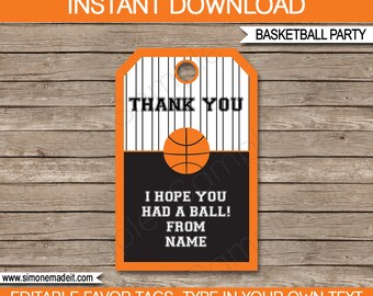 Basketball Favor Tags - Thank You Tags - Birthday Party Favors - INSTANT DOWNLOAD with EDITABLE text template - you personalize at home