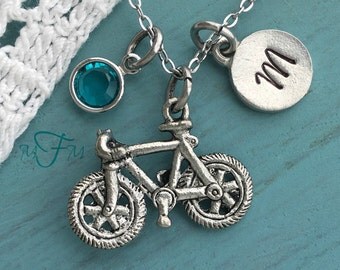 Bicycle Charm Necklace, Personalized Necklace, Silver Pewter Bicycle Charm, Custom Necklace, Swarovski Crystal birthstone