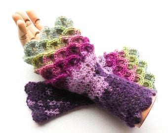 Crocodile Stitch Fingerless Gloves - Dragon Scale Gloves - Women's Sizes - Crochet Angora Arm Warmers