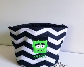Halloween bucket, personalized Frankenstein trick or treat bag, Halloween chevron bag, monogram trick or treat bag