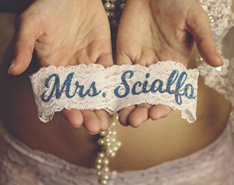 PERSONALIZED BLUE BLING Bridal Garter / Wedding Garter / lace garter / Something Blue