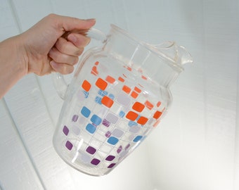 Mid Century Colorful Clear Glass Pitcher with Ice Lip