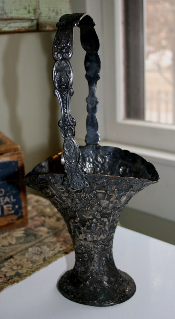 Antique Silverplate Repousse Brides Basket Dutch Folk Scenes