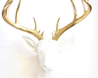X-Large Faux Taxidermy Deer Head wall mount hanging stag home decor office room decor: Doug the XL Deer head in white with gold antlers
