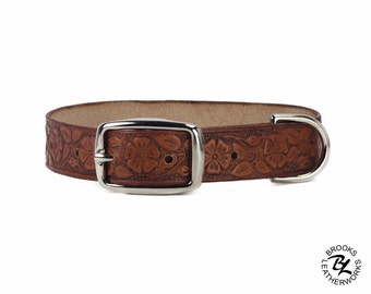 Leather Dog Collar, Embossed Leather Dog Collar, Leather Pet Collar. 3/4 Inch Wide Embossed Leather Dog Collar