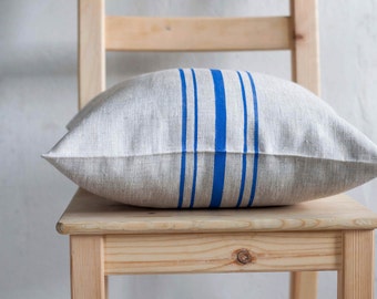 Grain sack pillow - linen pillow cover with blue striping - cushion case - decorative pillow - french farmhouse decor accent - 0385