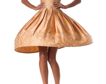 Vintage 1950s Strapless Satin Dress Embroidered with Gold Size: XS
