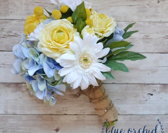 Daisy Wedding Bouquet Blue Yellow White Silk Daisy Wedding Bouquet Blue Yellow White Silk