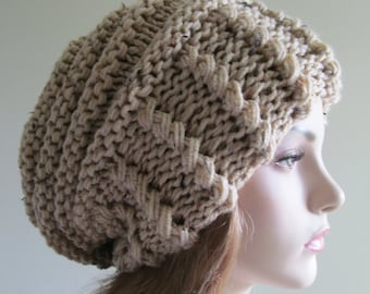 Slouchy Beanie Slouch Hats Oversized Baggy Beret womens fall winter accessory Beige Super Chunky Hand Made Knit