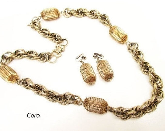 Gold Necklace earring set - Signed Coro Pegasus - Mid Century Modern Chunky Goldtone Chain - clip on earrings