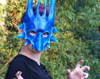 Leather Dragon Mask. Icy Blue and White Dragon Mask! Halloween, LARP costume, Theater Prop, Garb, Accessory, Animal Mask, Fantasy Mask