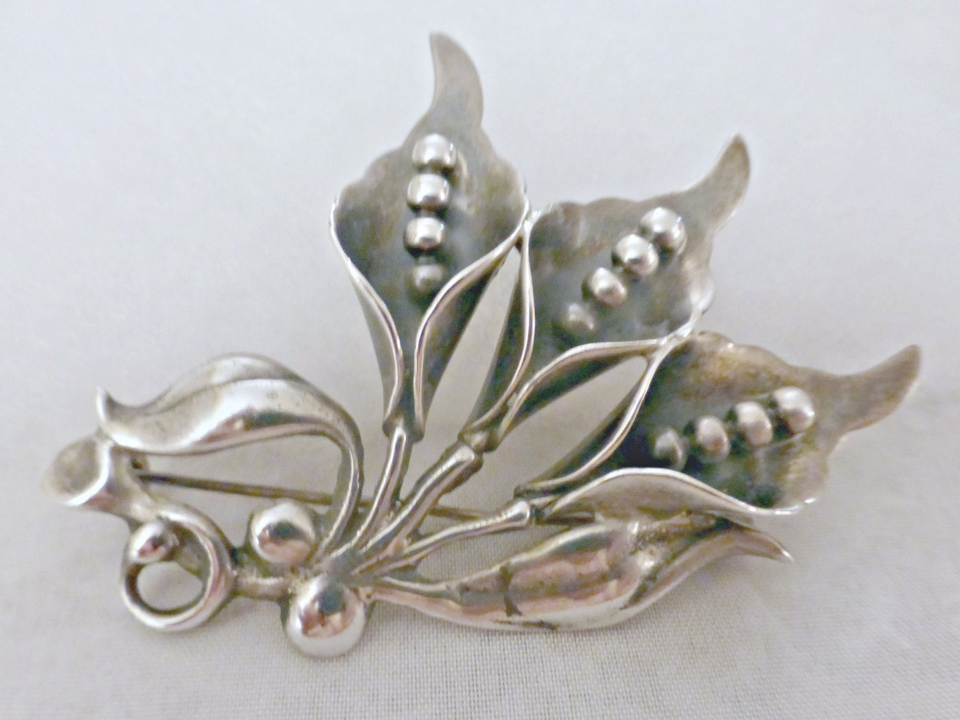 Vintage Art Deco Sterling Silver Lily Of The Valley Brooch Pin