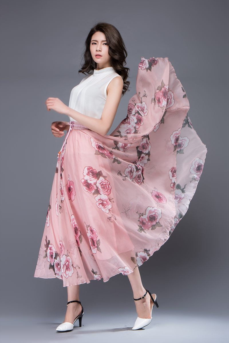 Pink Floral Skirt Elegant Feminine Pretty Long Summer Skirt