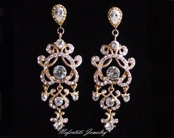 Gold bridal earrings, rhinestone chandelier wedding earrings, Gold chandelier earrings, crystal bridal earings vintage style wedding earings