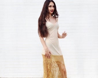 ivory fringe dress, cream slip dress, bohemian dress, hippie boho 70s disco dress silky maxi mini sleeveless