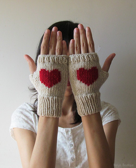 Hand Knit Fingerless Gloves in Mushroom Beige - Dark Red Embroidered Heart - Seamless - Wool Blend - Made to Order