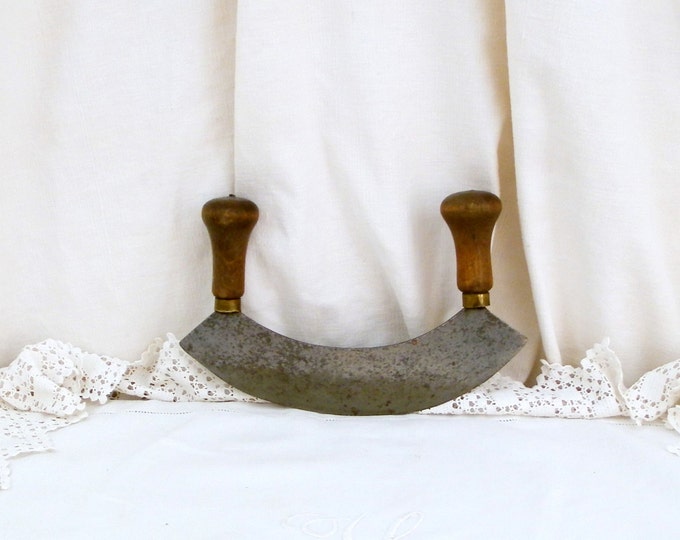 Large Antique French Iron Herb Chopper Double Wooden Handled, French Kitchen Decor, Retro Cooking, Rustic Knife, Chopper, Blade, Cleaver