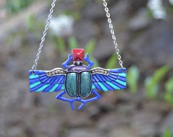 Egyptian scarab pendant with red pyramid, egyptian revival jewelry, colorful scarab necklace enameled hand painted