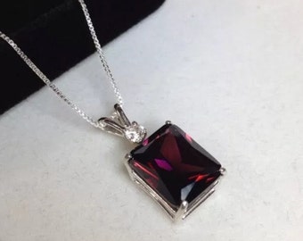 BEAUTIFUL 7ct Raspberry Rhodolite Garnet & White Sapphire 14kt Gold Sterling Silver Pendant Necklace Emerald Cut Rhodolite Garnet