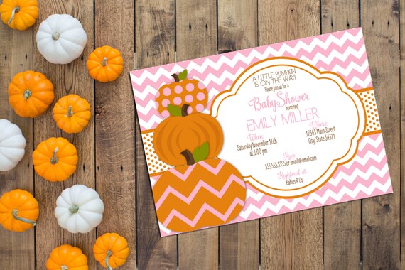 Little Pumpkin Baby Shower Invitation - Fall Baby Shower - Pink and Orange - Chevron Stripes - Printable Il_570xn