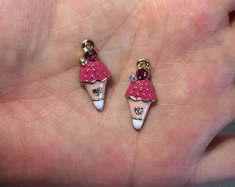 2 - Gold and Pink Enamel Rhinestone Ice Cream Cone Charms