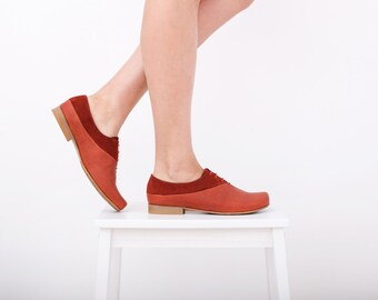 Womens oxford shoes , red orange leather flats , free shipping , ADIKILAV , ON SALE 30%