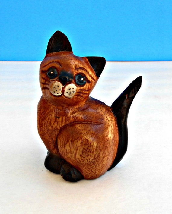 Carved Wooden Kitty Cat Hand Carved Cat Wood Art Vintage