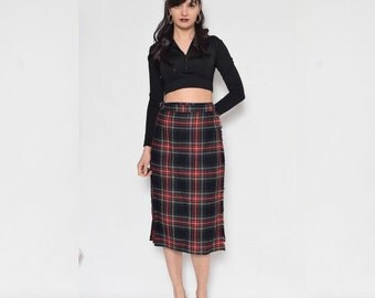 Vintage 80's Tartan Wool Skirt / Wrap Up Pleated Midi Skirt / High Waist Plaid Wool Skirt