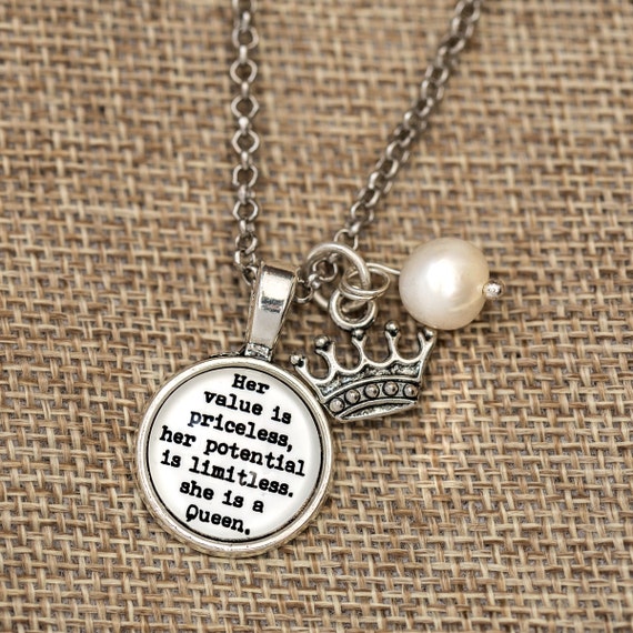FREE SHIPPING - Her Value Is Priceless She Is A Queen - Quote Necklace - Silver Glitter - Quote Necklace