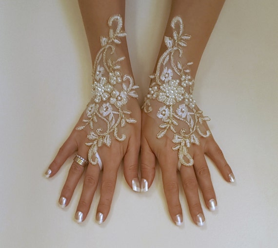 Ivory gold or ivory silver frame wedding gloves bridal gloves lace gloves fingerless gloves ivory gloves free ship w