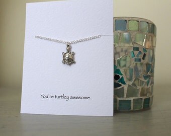 Turtle necklace, silver turtle necklace, birthday gift, tortoise necklace, gift for friend, gift for sister, necklace quote, turtle quote