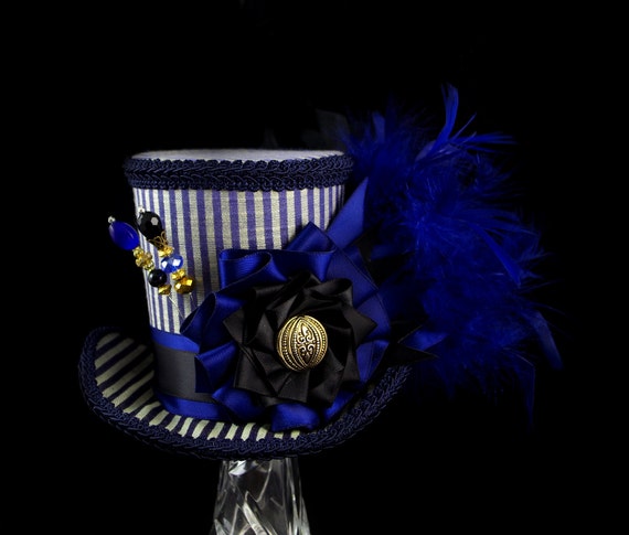 Navy Blue and Black Striped Cockade Steampunk Large Mini Top Hat Fascinator, Alice in Wonderland, Mad Hatter Tea Party, Derby Hat by TheWeeHatter steampunk buy now online