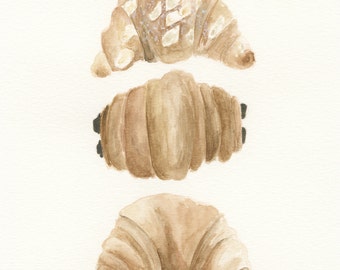 French Pastries, Croissants, Paris, France food, watercolor painting, Croissant aux Amandes, Pain au chocolat