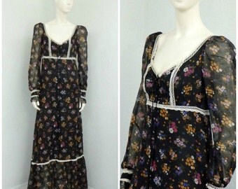 Vintage 70s Black Label Gunne Sax Black Floral Dress, Gauze Maxi Dress, Boho Dress, Bohemian Dress, Renaissance Dress, Lace Up Dress