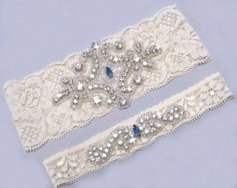 Blue Wedding Garter, Something Blue, Rhinestone Garter, Crystal Bridal Garter Set, Ivory or White Lace Garter, Keepsake Toss Garter, Prom