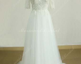 Flowy A line tulle lace beach wedding dress with middle calf sleeves