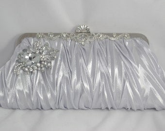 Silver Evening Clutch, Silver Bridal Handbag, Satin Silver Crystal Bridesmaid Clutch, Silver Wedding Accessories, Swarovski Crystal Clutch