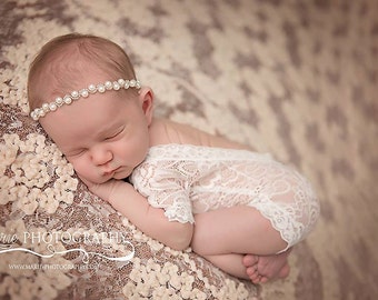 Newborn Lace Romper, Newborn Bodysuit, Photography Prop, Newborn Photo Prop, Open Back Romper, Vintage Newborn Romper, White Romper, Sewn